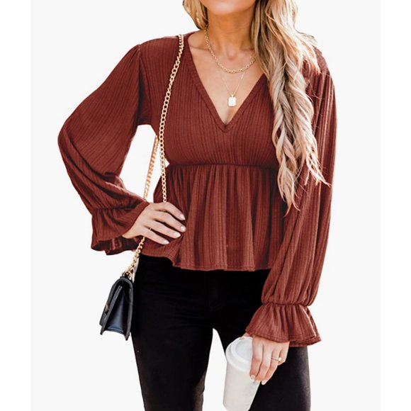 Souls & Sirens Tops - Coffee Ruffle Peplum Puff Sleeve V-Neck Long Lantern Sleeve Babydoll Top Blouse